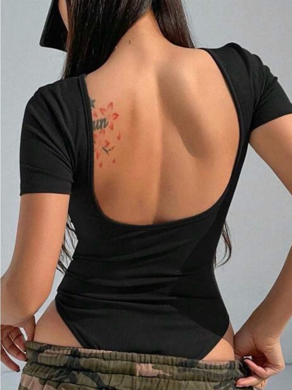 Women’s Black Ribbed Open-Back Dress Bodysuit